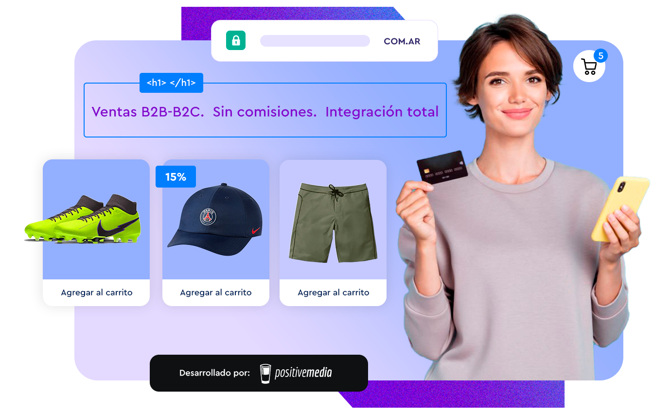 Tienda e-commerce B2B de Positive Media con catálogo, listas de precios y carrito